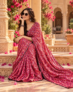 Satin Silk Printed Saree With Unstitched Blouse(Red)