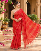 Premium Cotton Printed Saree With Unstitched Blouse(Red)