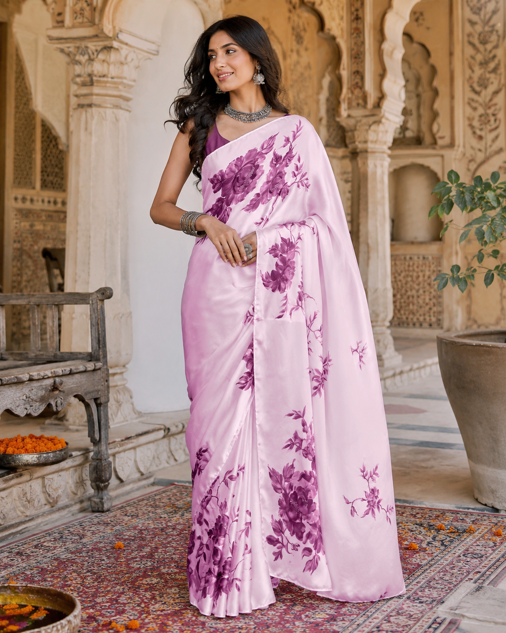 Premium Satin Silk Printed Saree With Unstitched Blouse(Pink)