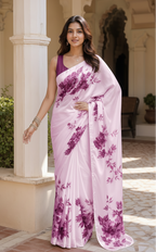 Premium Satin Silk Printed Saree With Unstitched Blouse(Pink)