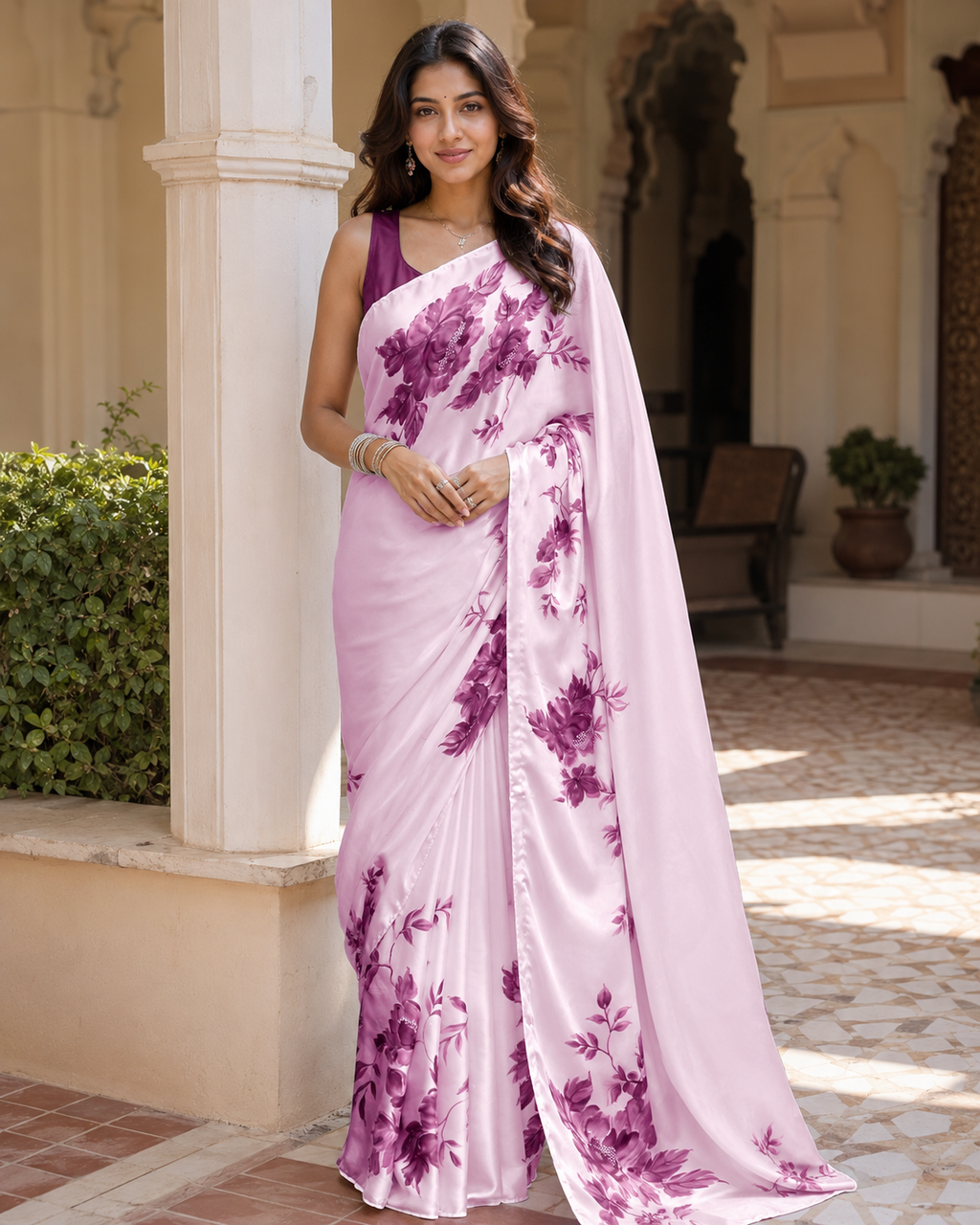Premium Satin Silk Printed Saree With Unstitched Blouse(Pink)