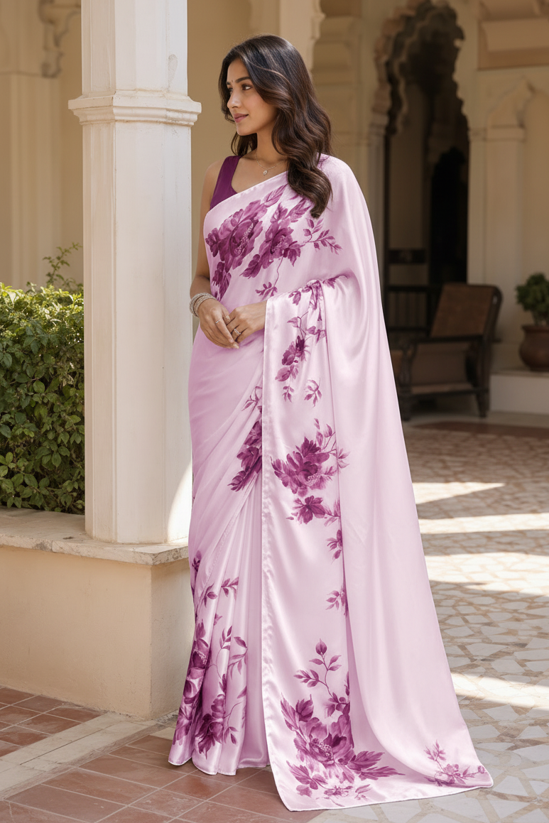 Premium Satin Silk Printed Saree With Unstitched Blouse(Pink)