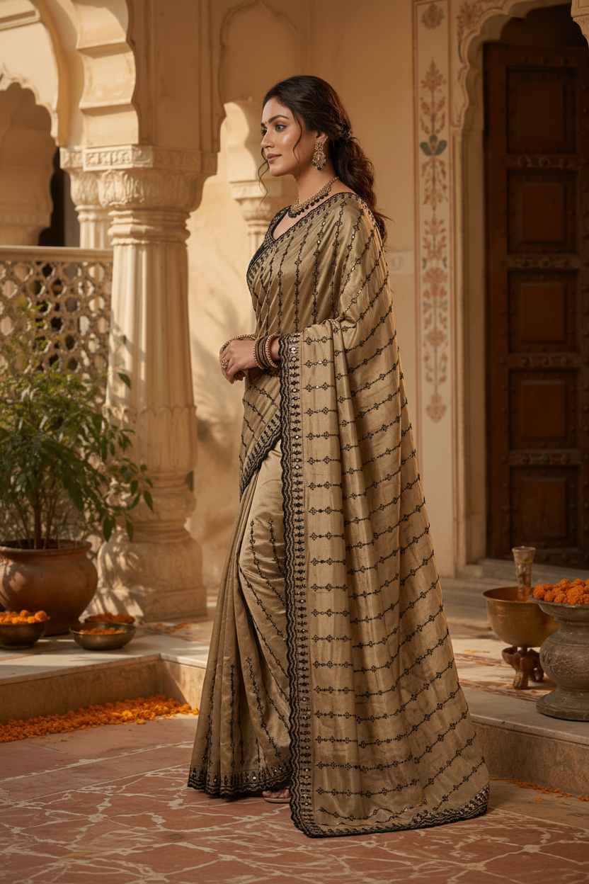 Rangoli Silk Embroidery Mirror Work Saree With Unstitched Blouse(Golden)