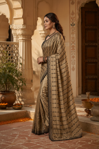 Rangoli Silk Embroidery Mirror Work Saree With Unstitched Blouse(Golden)