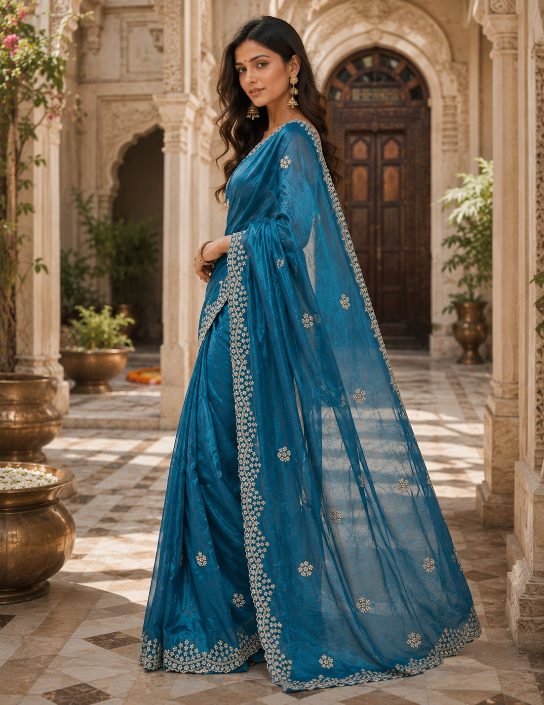 Space Silk Sequins Work Saree With Unstitched Blouse(Blue)
