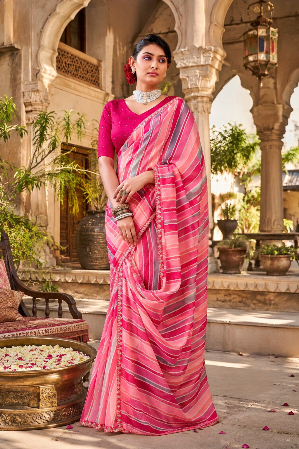 Premium Georgette Bandhani Work Saree With Unstitched Blouse(Pink)