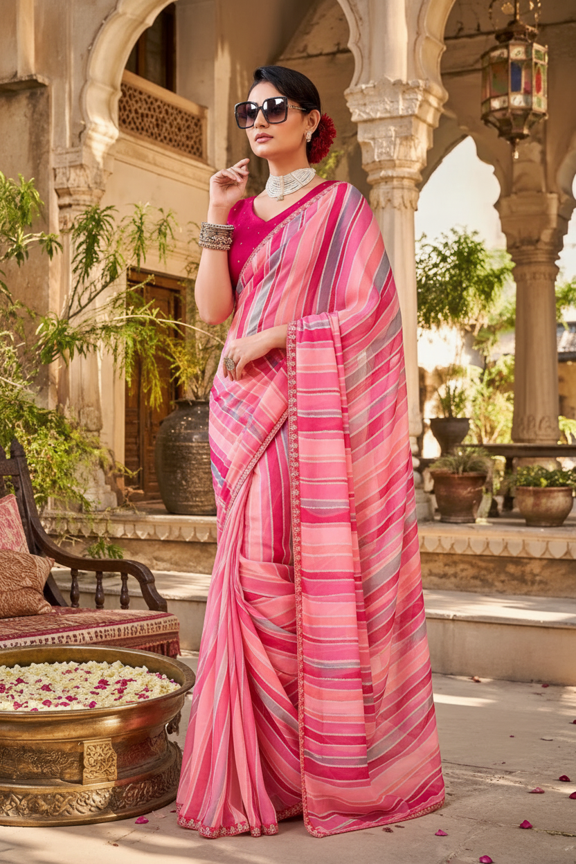 Premium Georgette Bandhani Work Saree With Unstitched Blouse(Pink)