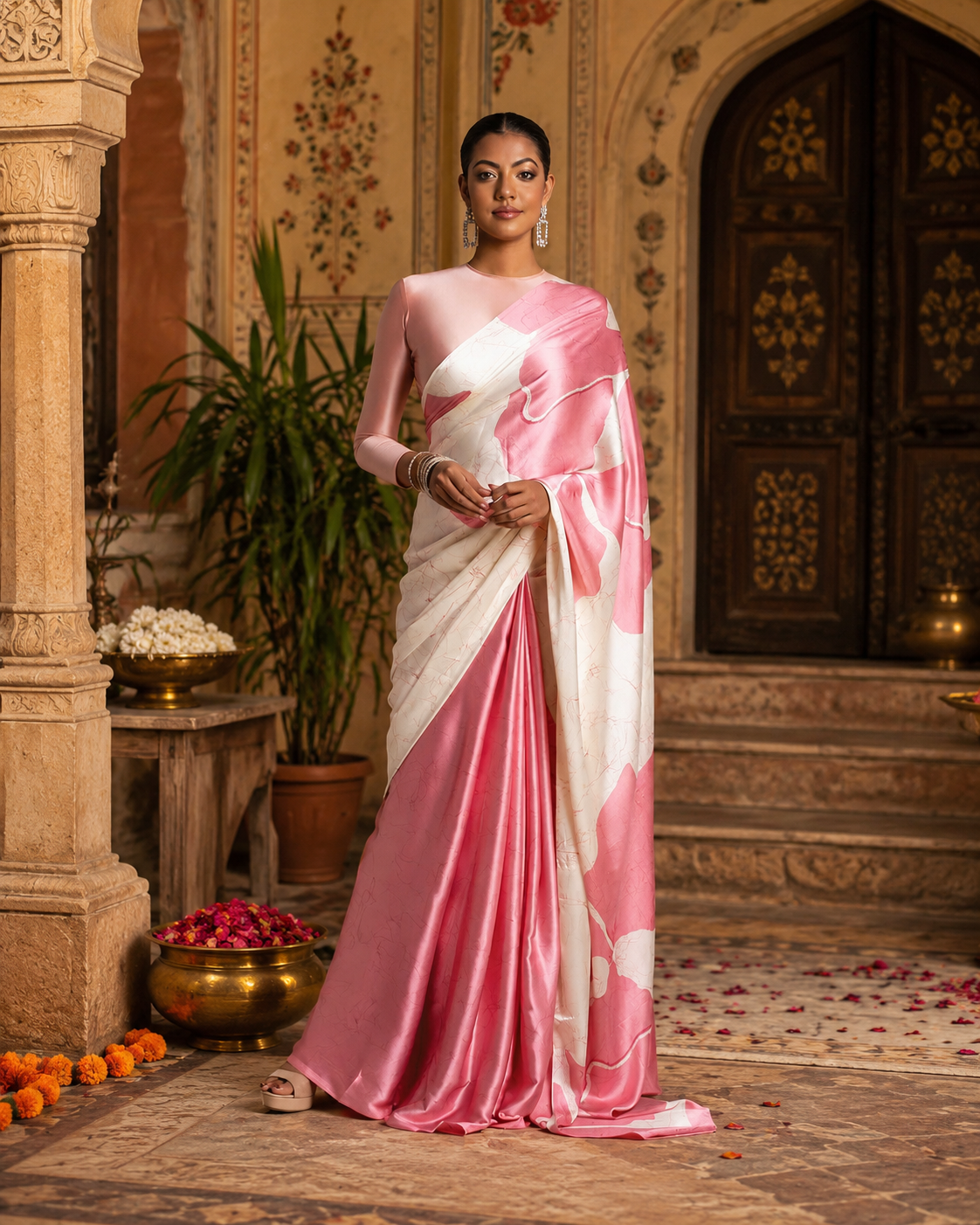 Japan Satin Printed Saree With Unstitched Blouse(Pink)