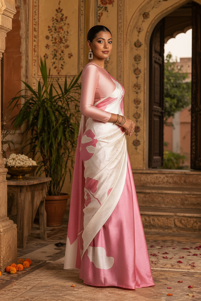 Japan Satin Printed Saree With Unstitched Blouse(Pink)