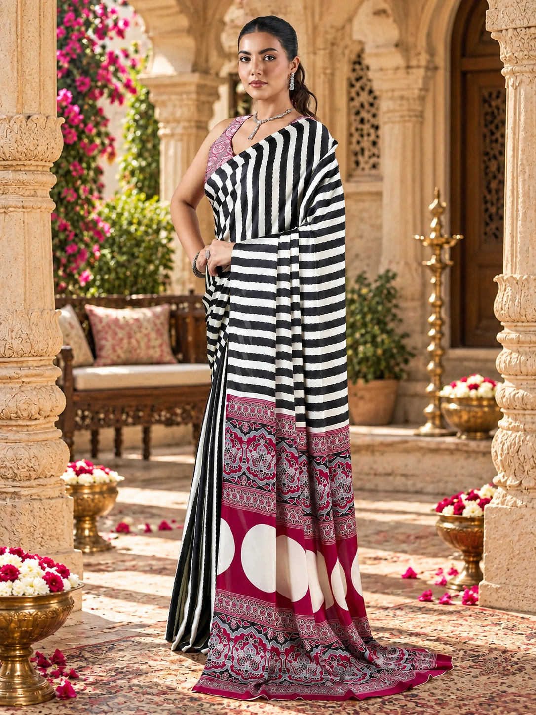 Satin Silk Ajrakh Printed Saree With Unstitched Blouse(Black)