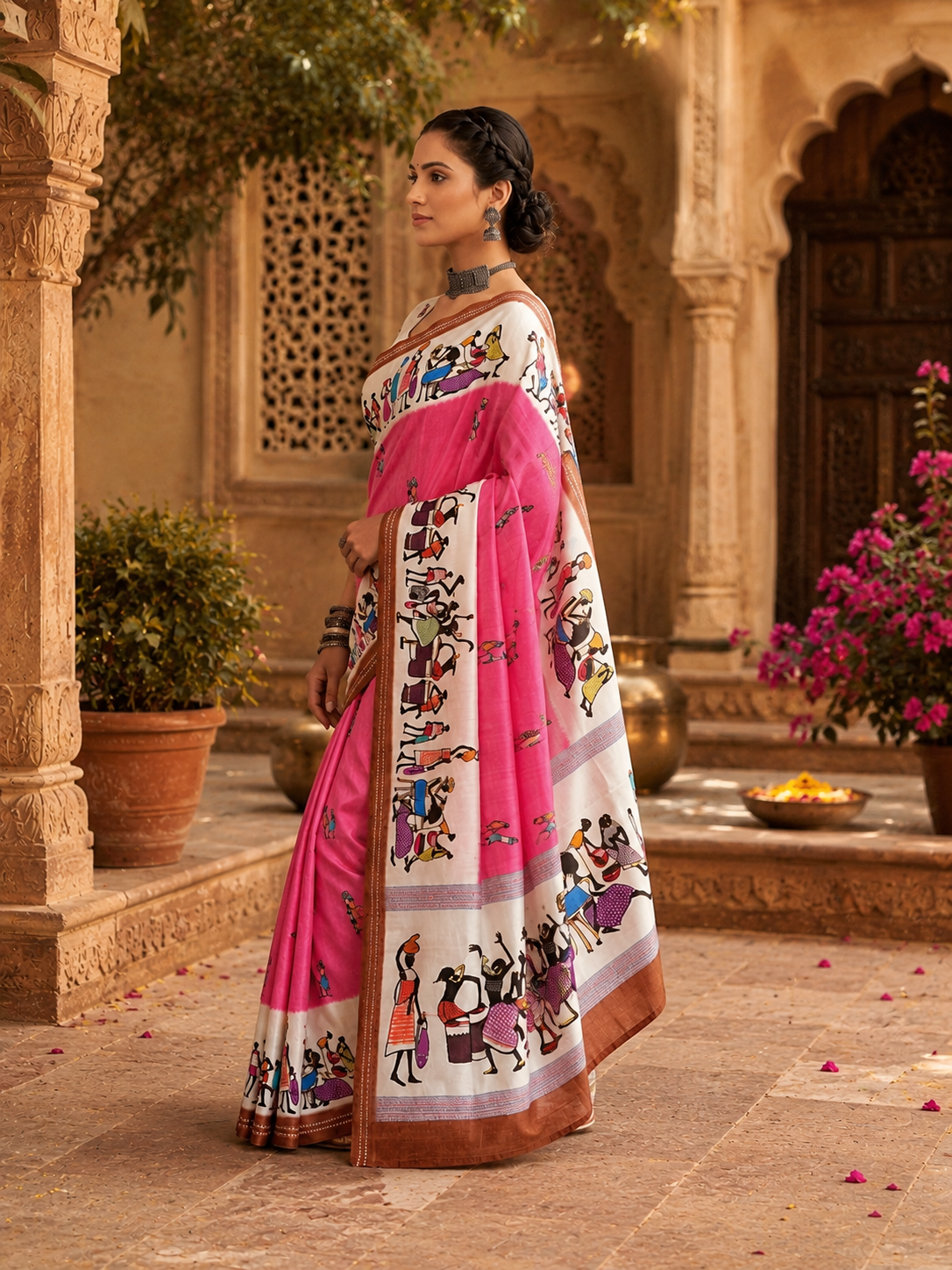 Mulmul Cotton Digital Print Saree With Unstitched Blouse(Violet)