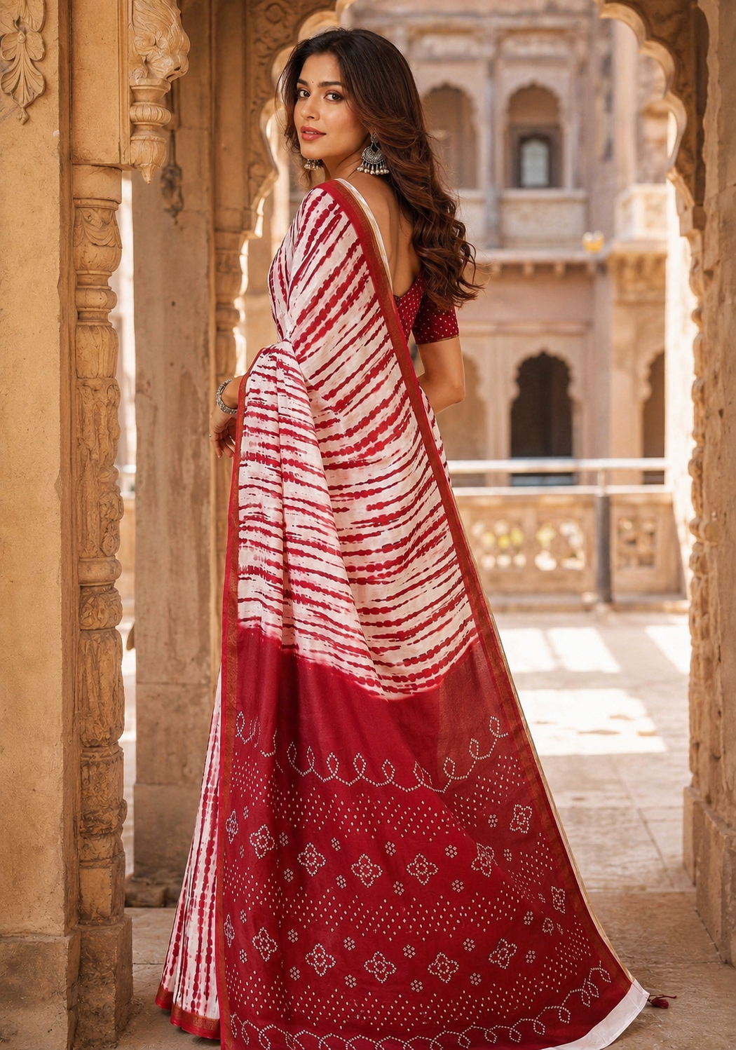 Linen Printed Saree With Unstitched Blouse(Red)
