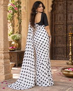 Satin Silk Printed Saree With Unstitched Blouse(White)
