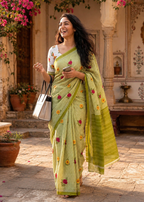 Soft Pure Mulmul Cotton Printed Saree With Unstitched Blouse(Green)