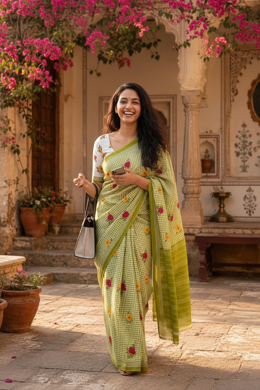 Soft Pure Mulmul Cotton Printed Saree With Unstitched Blouse(Green)