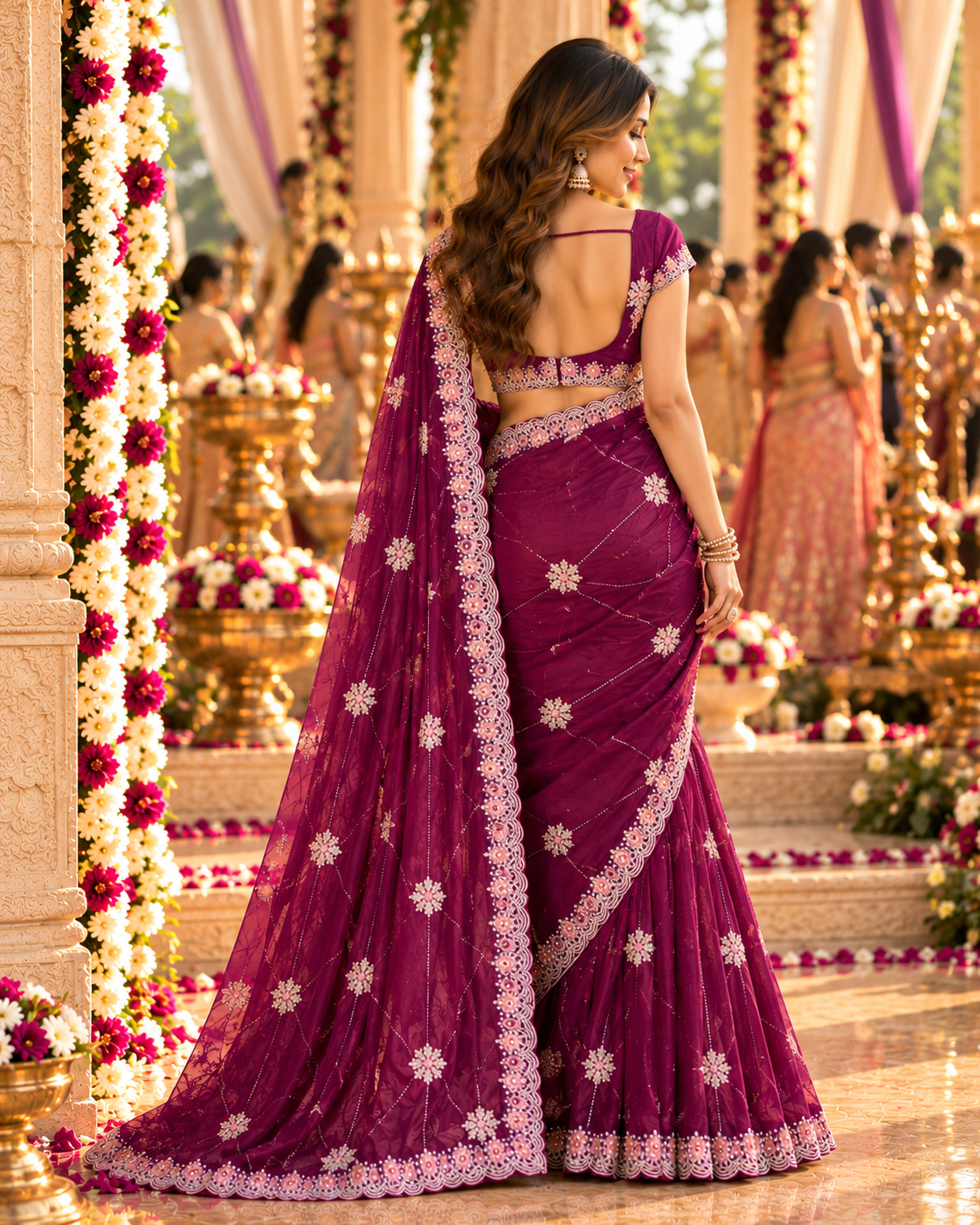 Pure Space Silk Embroidery Work Saree With Unstitched Blouse(Wine)