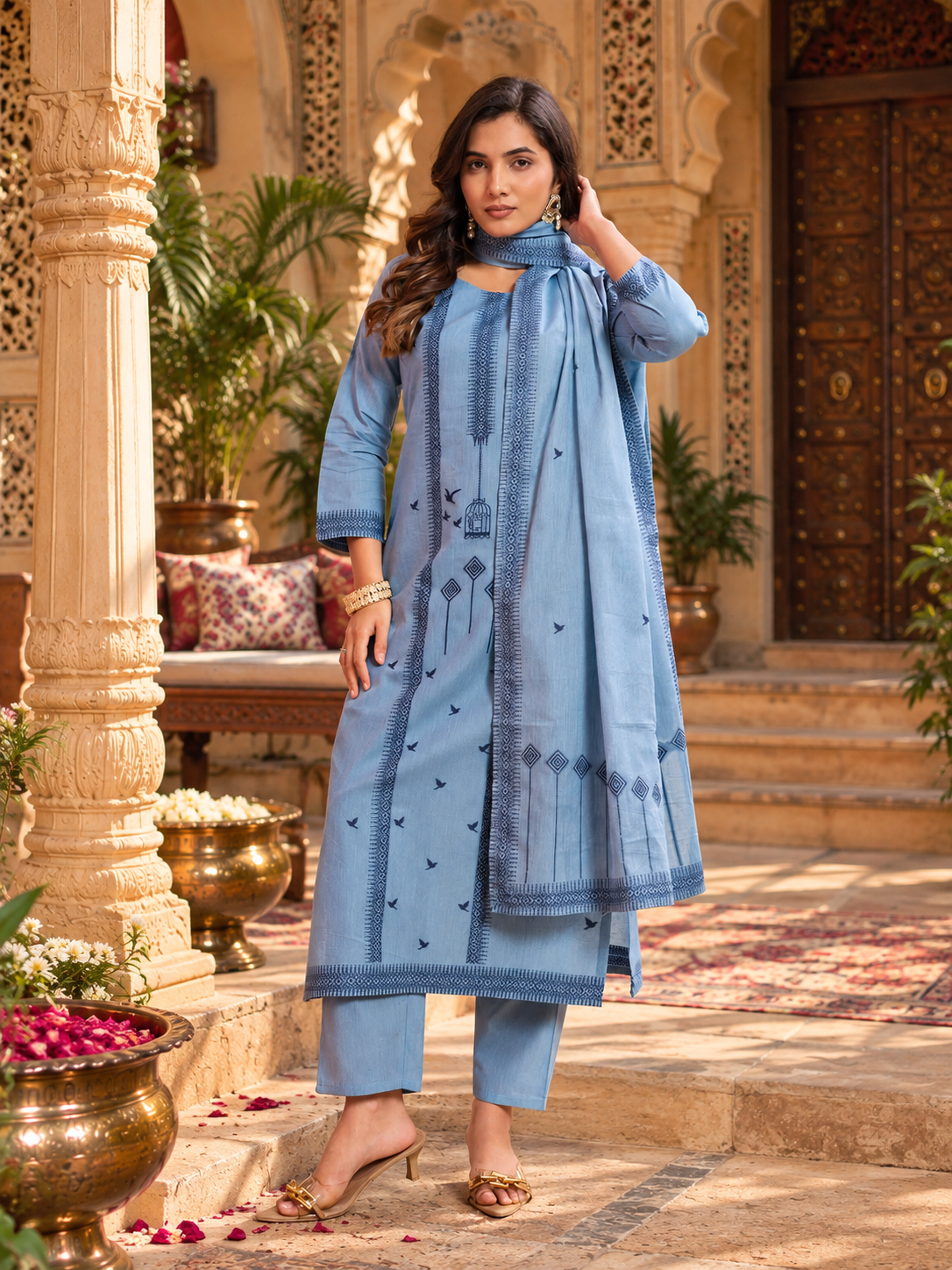 Cotton Printed Kurti Set With Dupatta(Blue)