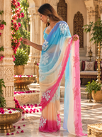 Georgette Embroidery Work Saree With Unstitched Blouse(Blue)