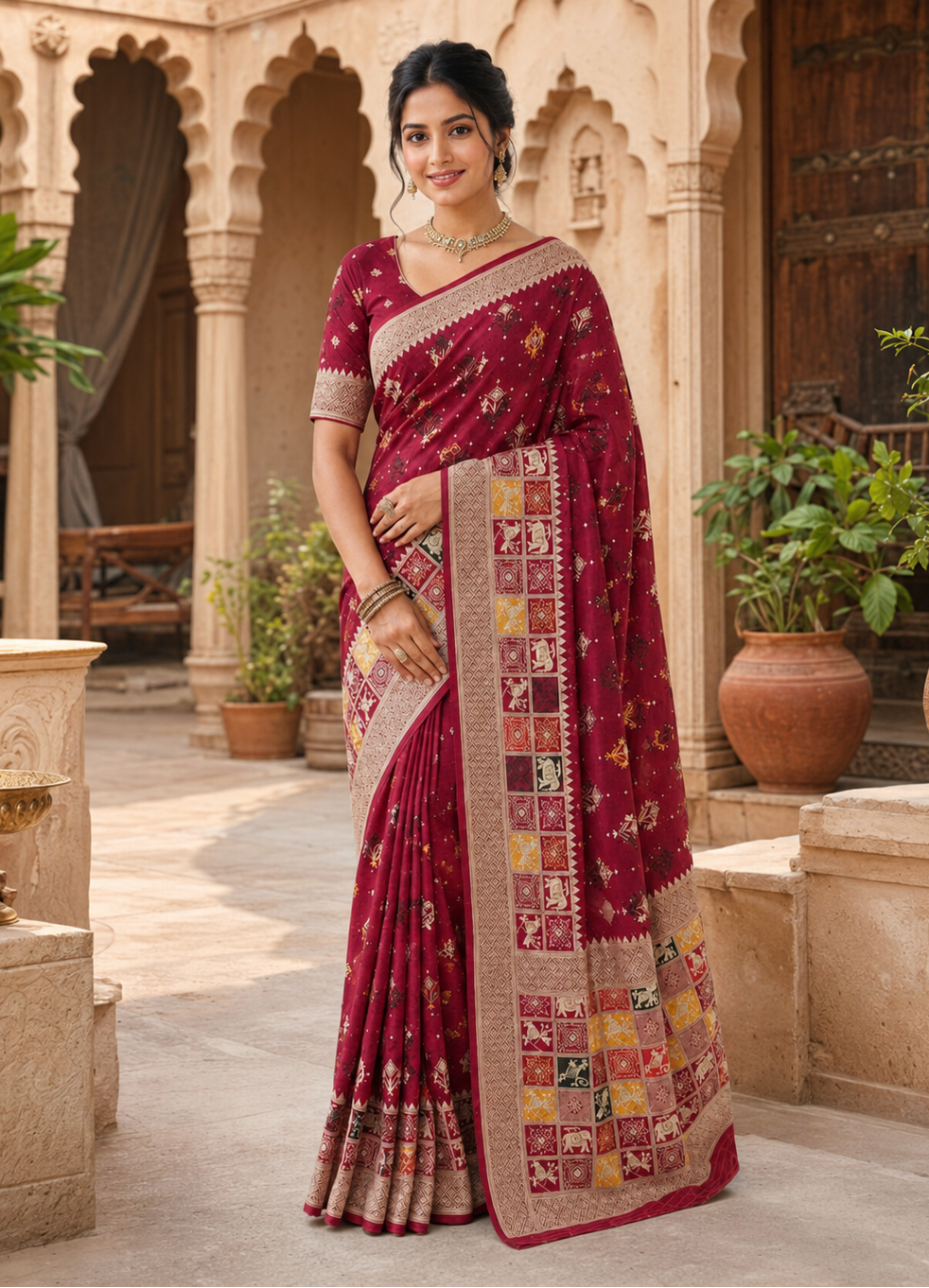 Dola Silk Soft Rajwadi Kashmiri Thread Zari Weaving Border With Unstitched Butti  Blouse (Maroon)