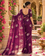 Satin Silk Border Cut Work Saree With Unstitched Blouse(Wine)