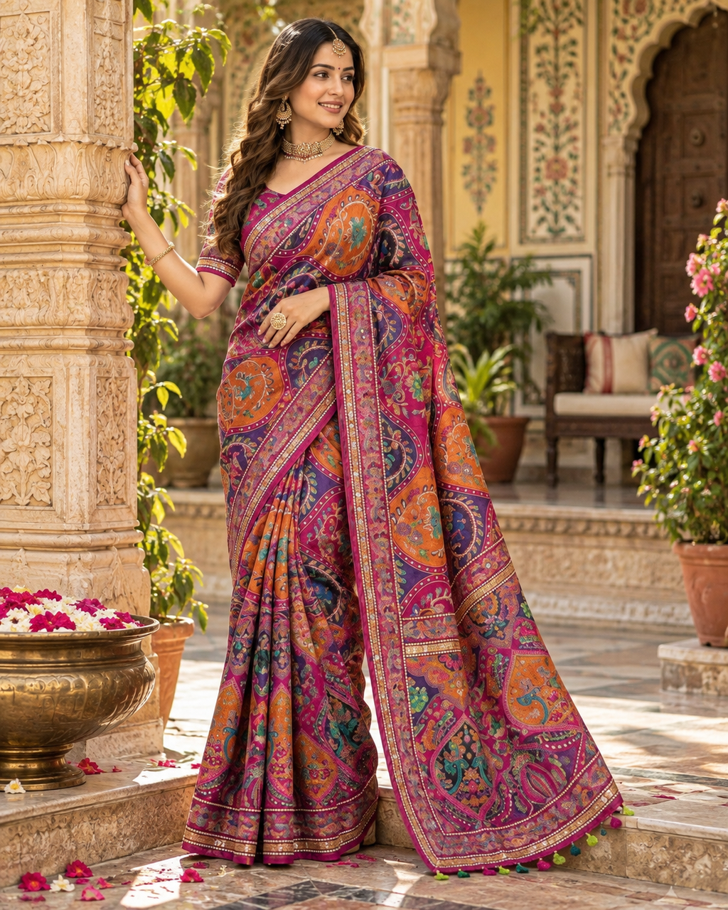 Premium Soft Chinnon Silk Mirror  Work With Unstitched Blouse (Pink)