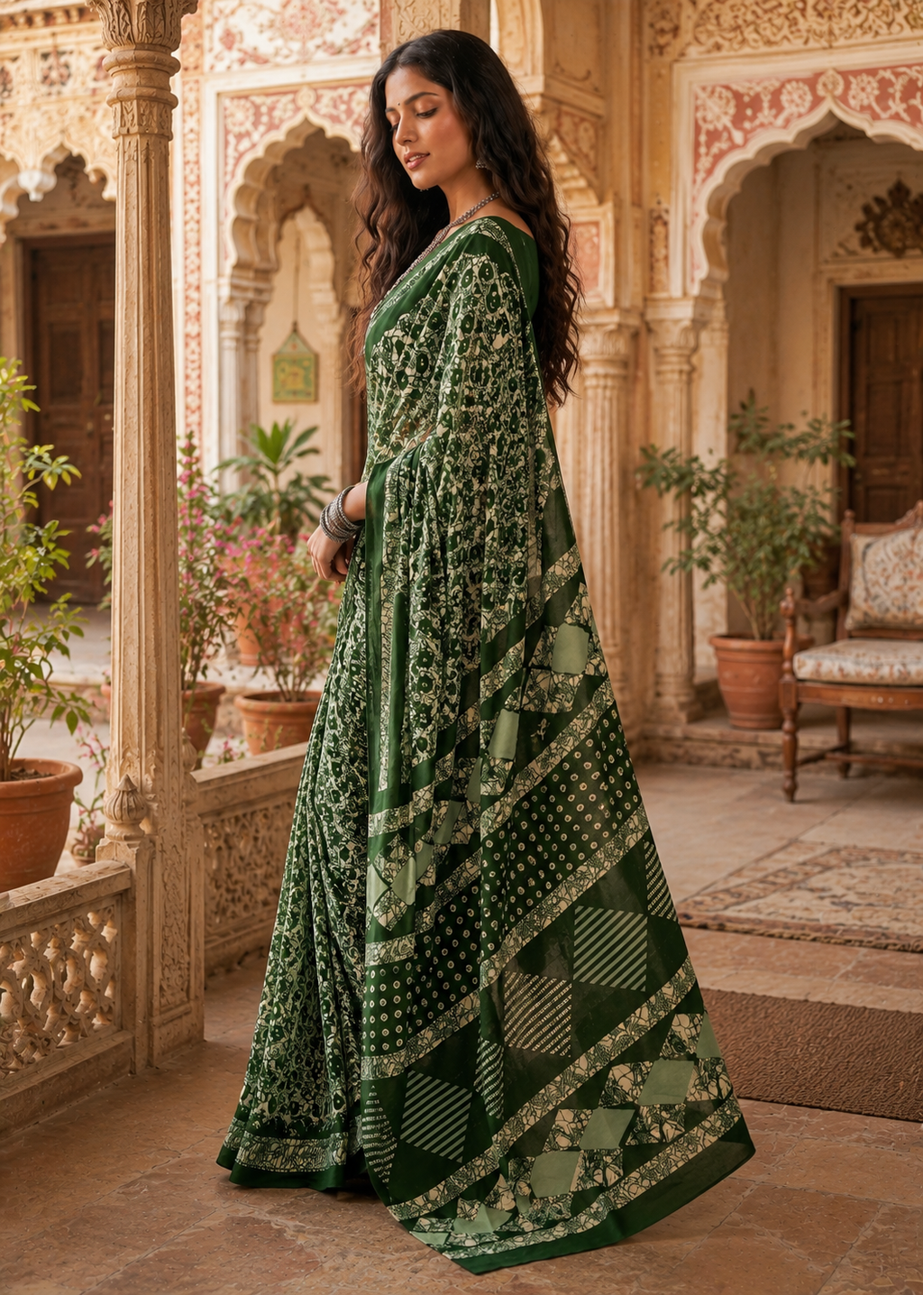Mulmul Cotton Batik Print Saree With Unstitched Blouse(Green)