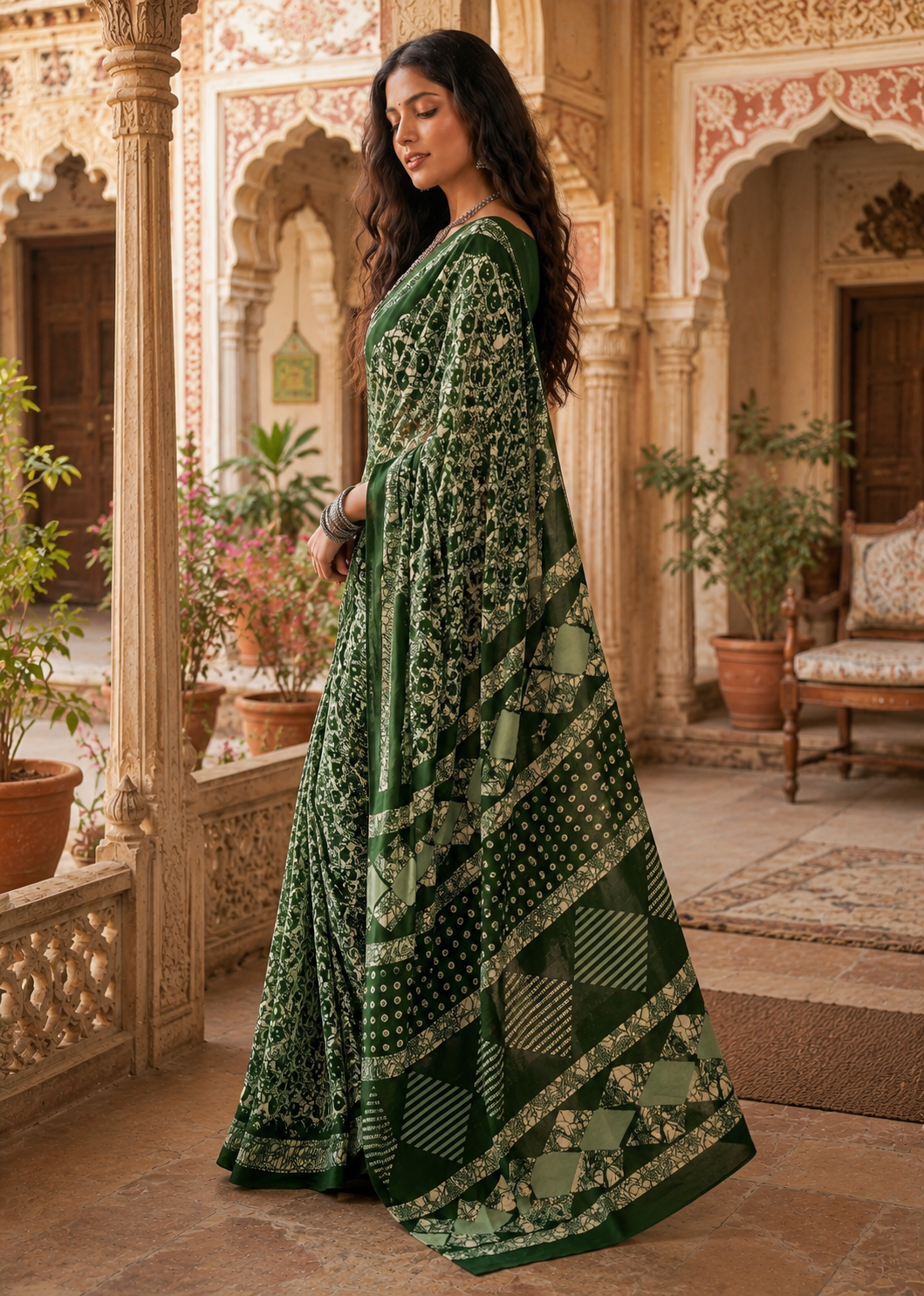 Mulmul Cotton Batik Print Saree With Unstitched Blouse(Green)