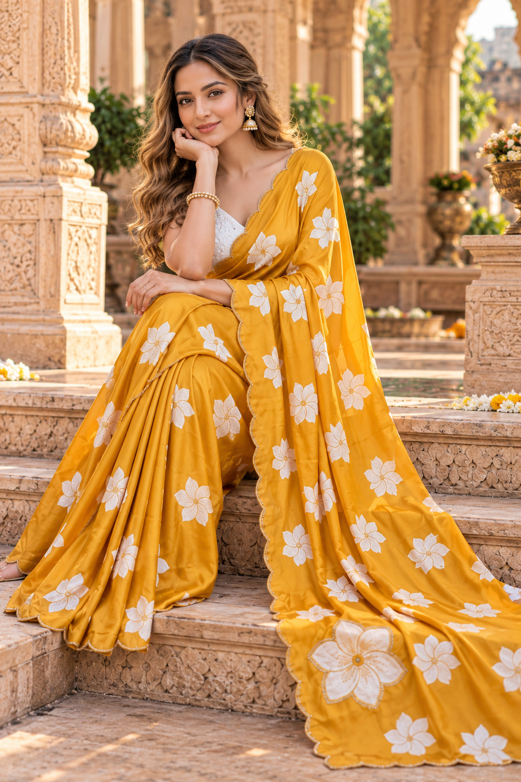 Chinon Silk Floral Print Saree With Unstitched Blouse(Orange)