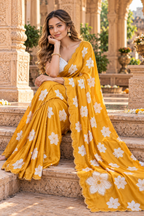 Chinon Silk Floral Print Saree With Unstitched Blouse(Orange)