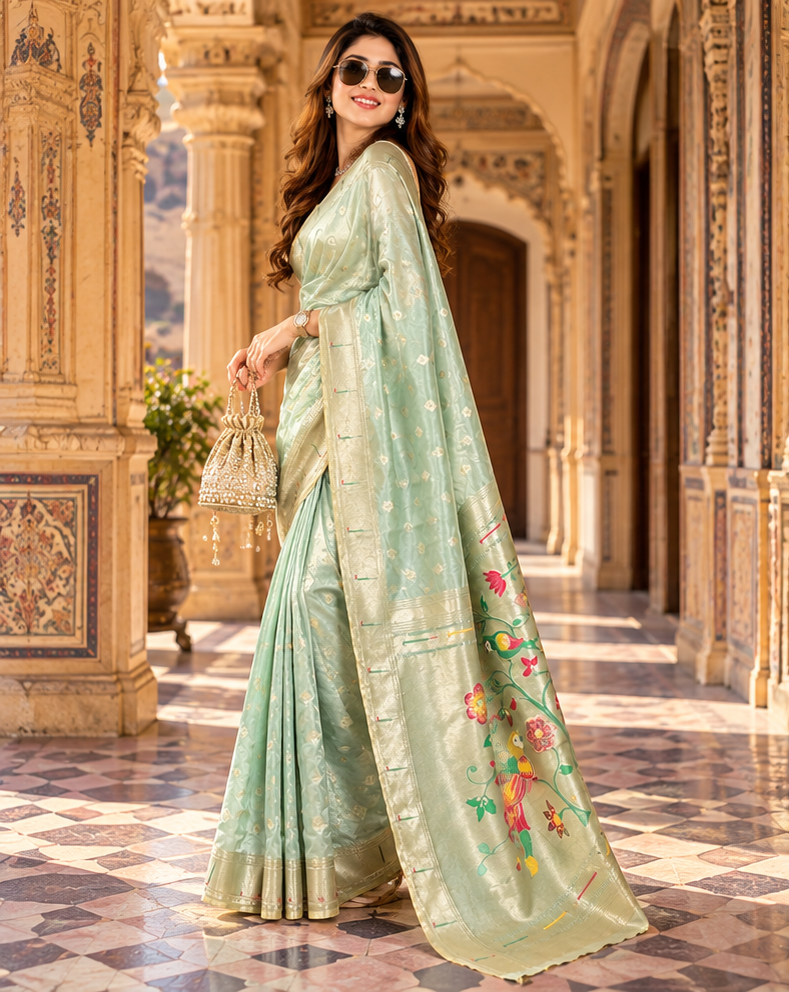 Premium Paithani Silk Butti Jari Work Pallu Saree With Unstitched Blouse (Mint Green)