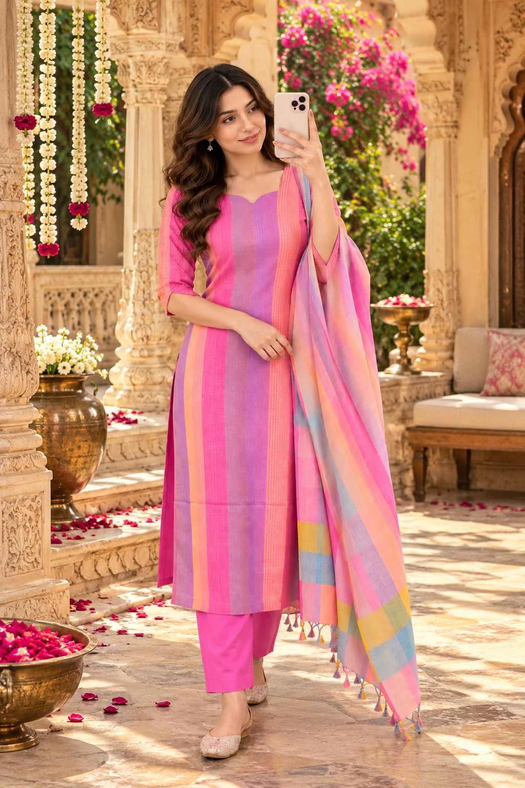 Cotton Kurti Pant Set with Dupatta(Multicolour)