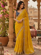 Premium Georgette Embroidery Thread Work Saree With Unstitched Blouse(Mustard)