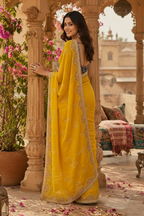 Premium Georgette Embroidery Thread Work Saree With Unstitched Blouse(Mustard)