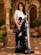 Satin Silk Printed Saree With Unstitched Blouse(White)