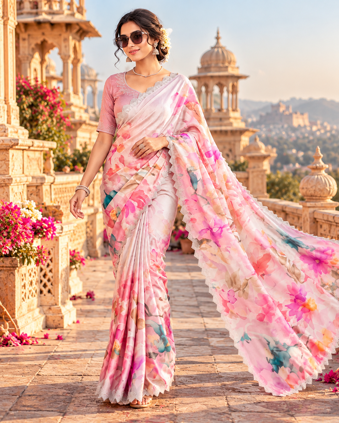 Pure Maheshwari Silk Saree With Unstitched Blouse(Pink)