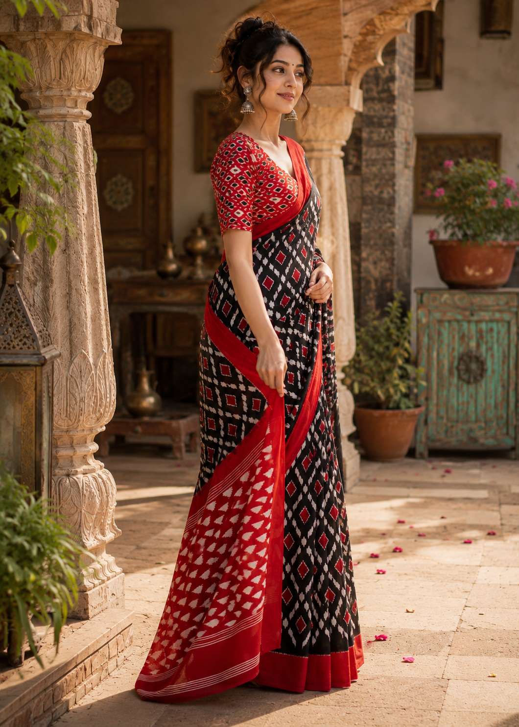 Pure Mulmul Cotton Printed Saree With Unstitched Blouse(Black)