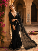 Georgette Saree With Unstitched Blouse(Black)
