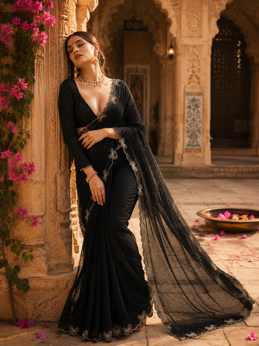 Georgette Saree With Unstitched Blouse(Black)