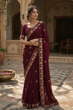 Premium Georgette Heavy Work Saree With Unstitched Blouse(Wine)