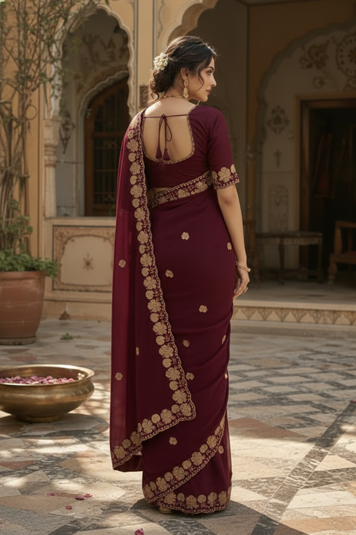 Premium Georgette Heavy Work Saree With Unstitched Blouse(Wine)