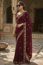 Premium Georgette Heavy Work Saree With Unstitched Blouse(Wine)