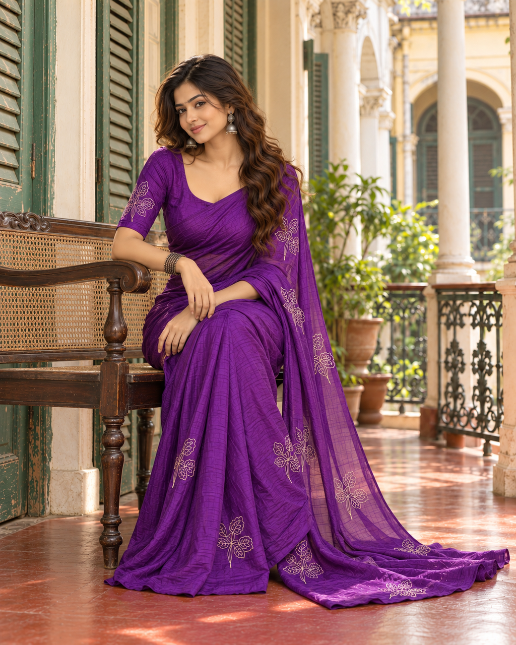 Soft Space Silk Thread Work Saree With Unstitched Blouse(Purple)