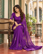 Soft Space Silk Thread Work Saree With Unstitched Blouse(Purple)