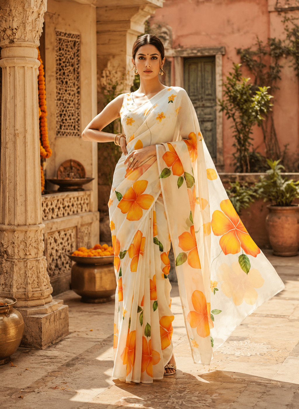Georgette Floral Digital Print Saree With Unstitched Blouse(White)