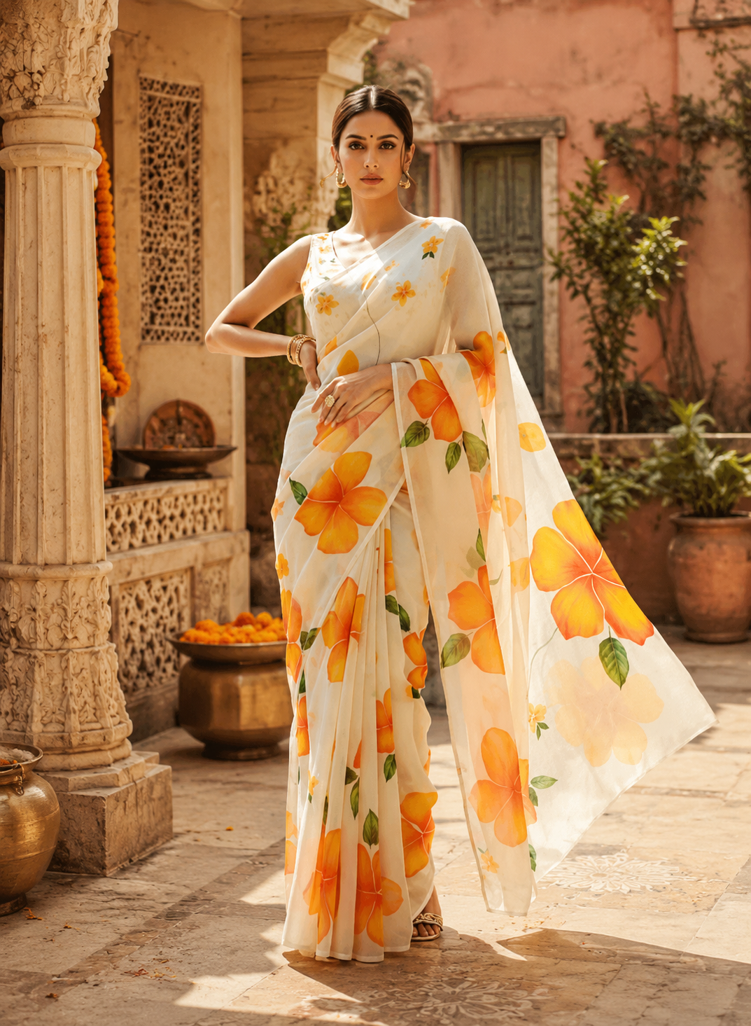 Georgette Floral Digital Print Saree With Unstitched Blouse(White)