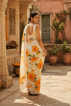 Georgette Floral Digital Print Saree With Unstitched Blouse(White)