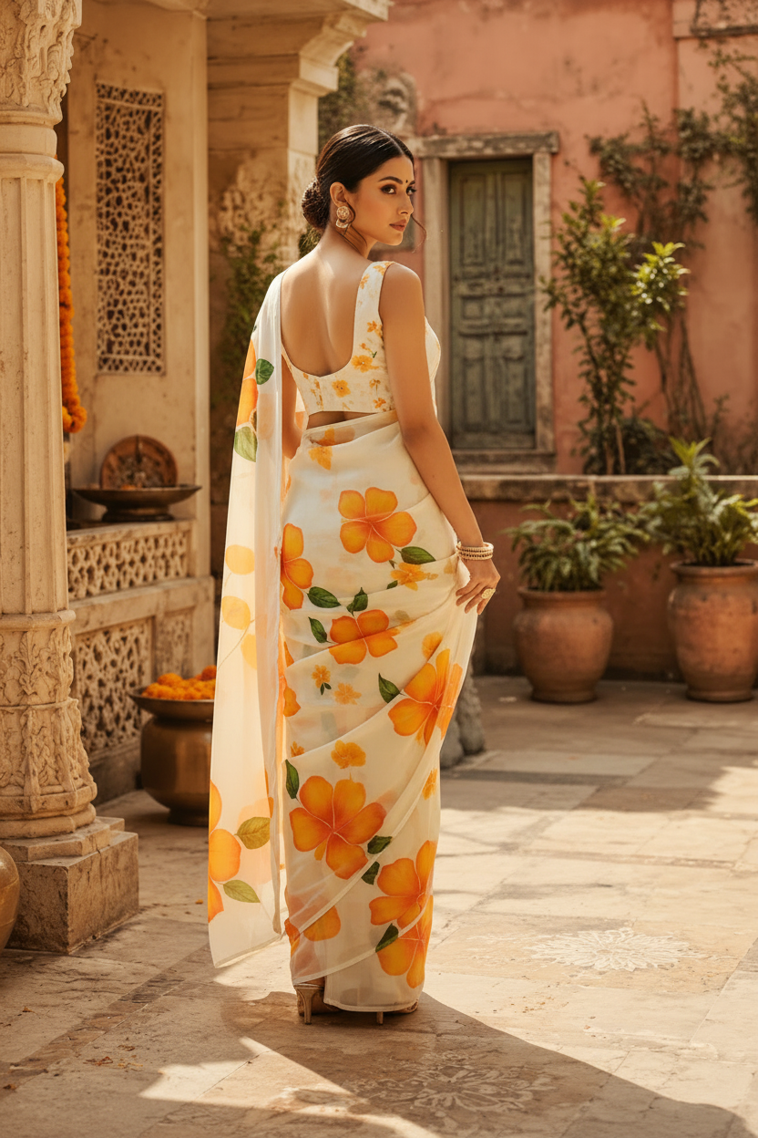 Georgette Floral Digital Print Saree With Unstitched Blouse(White)
