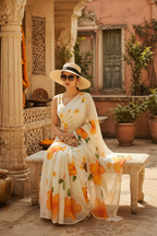 Georgette Floral Digital Print Saree With Unstitched Blouse(White)