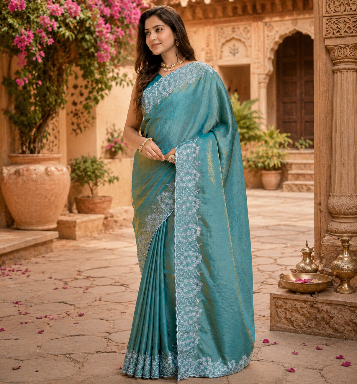 Satin Embroidery Work Saree With Unstitched Blouse(Blue)