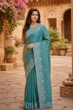 Satin Embroidery Work Saree With Unstitched Blouse(Blue)
